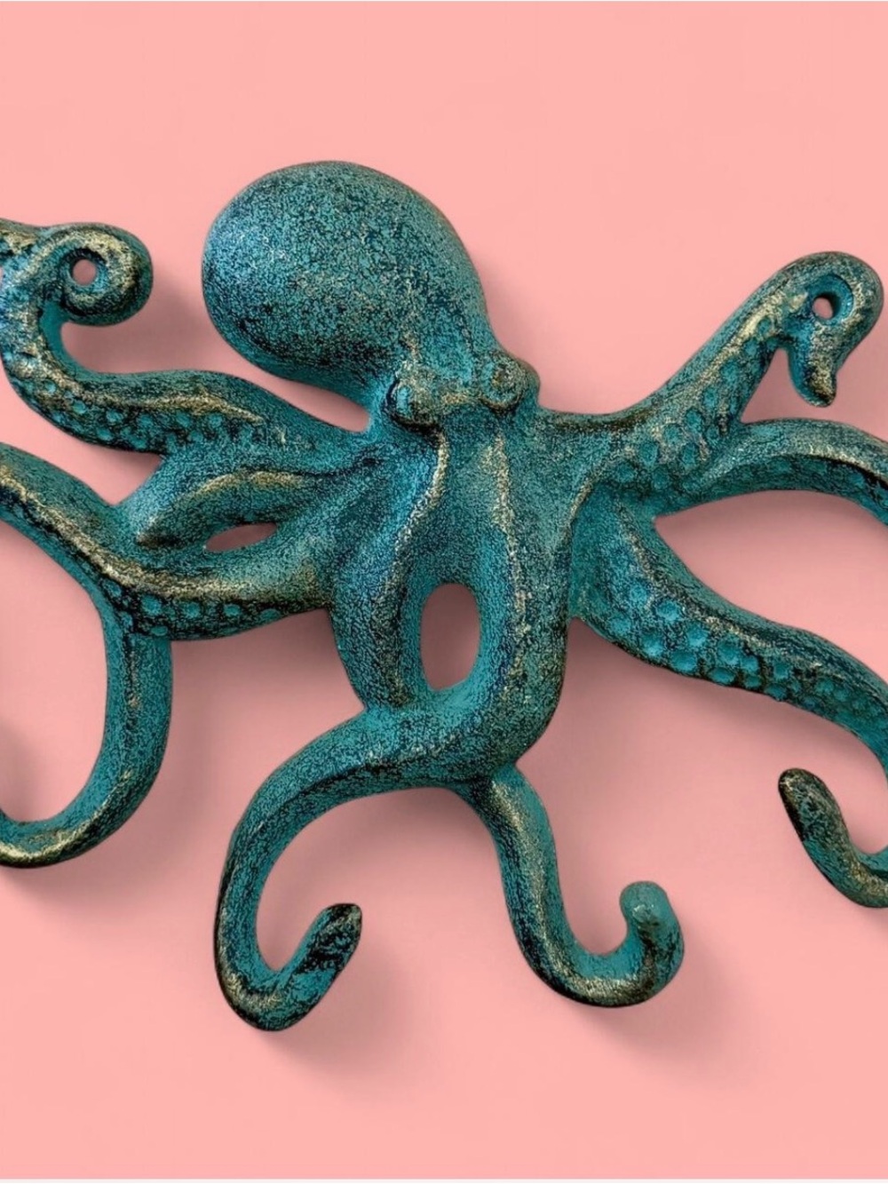 Cast Iron Octopus Wall Hook Rack I Antique Green | 6 Hooks | Coastal Decor